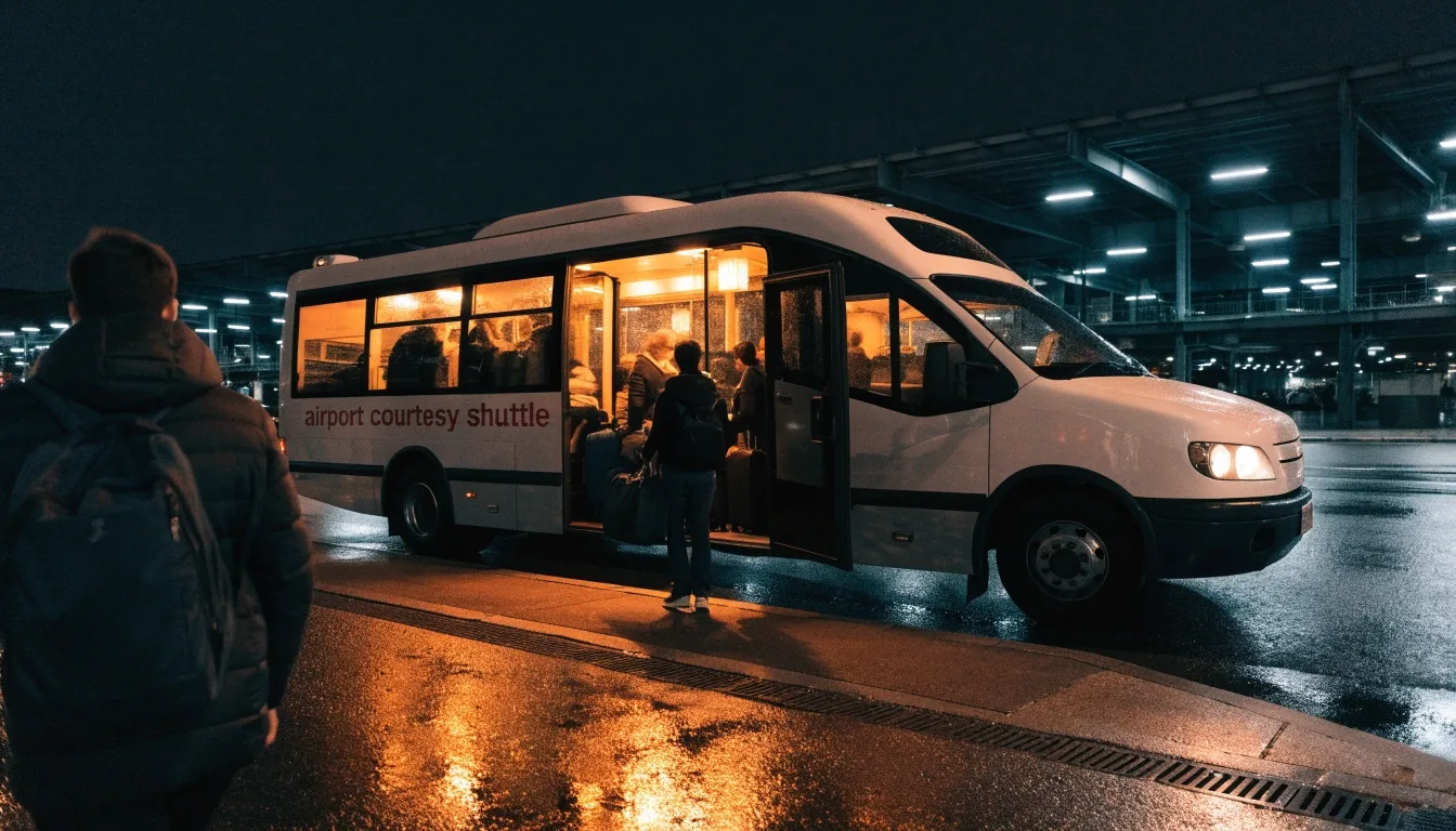 A covered pedestrian link bridge crossing above a wet airport roadway at night