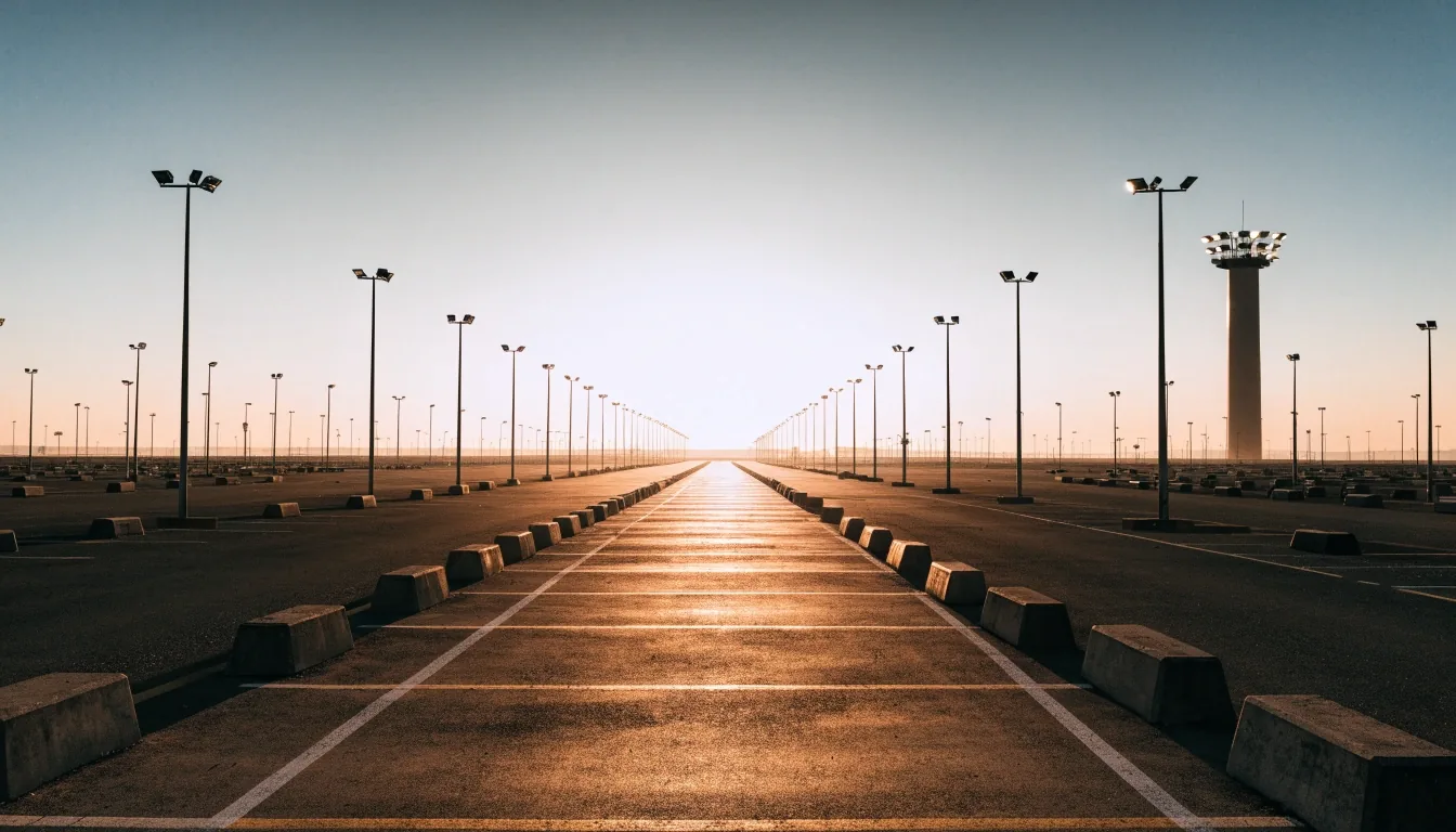 Long-stay car park bays and wheel stops receding toward a light tower at sunset