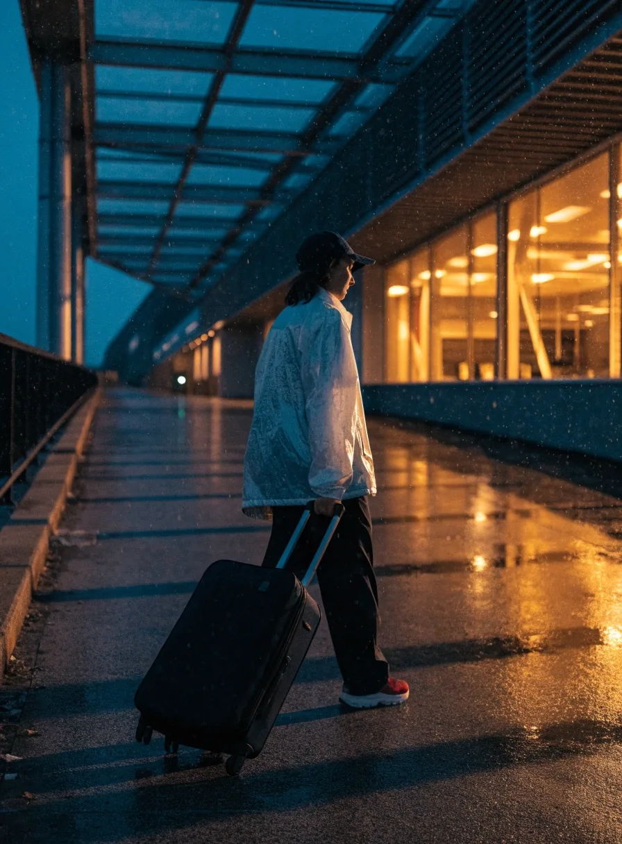 A traveller walking along a covered link bridge toward an airport terminal at dusk with a suitcase