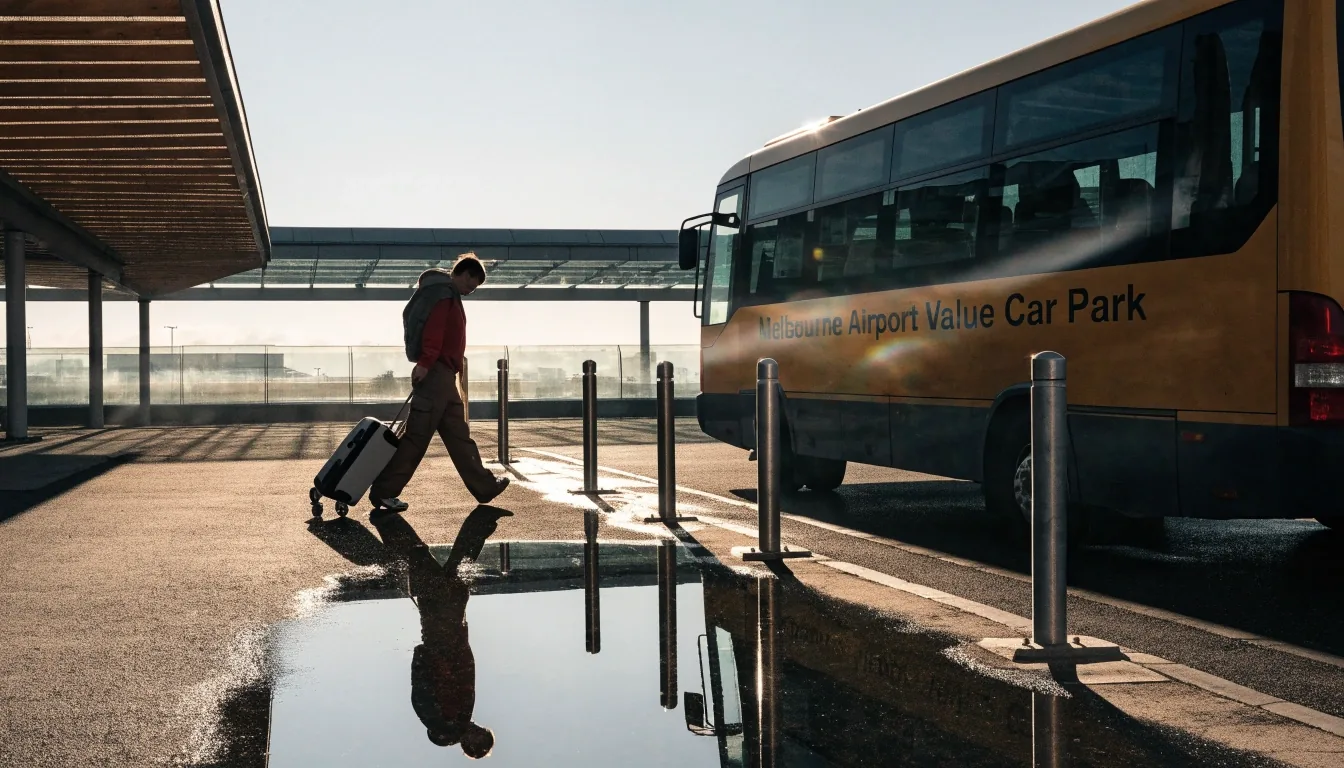 An empty wet shuttle kerb at a Melbourne airport car park at first light, a courtesy bus leaving the frame