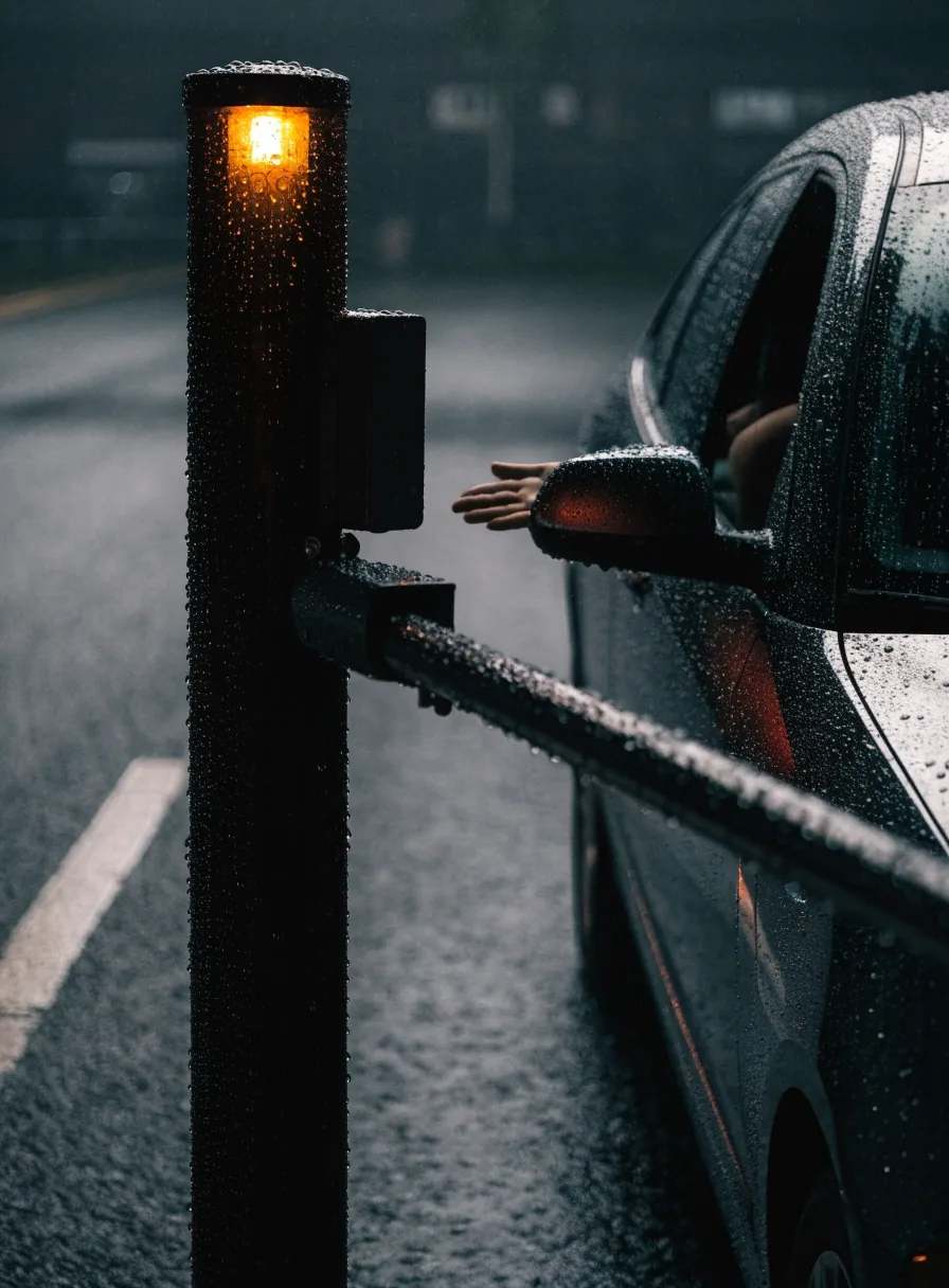A wet car park entry barrier arm and unlit reader housing at a Melbourne Airport car park