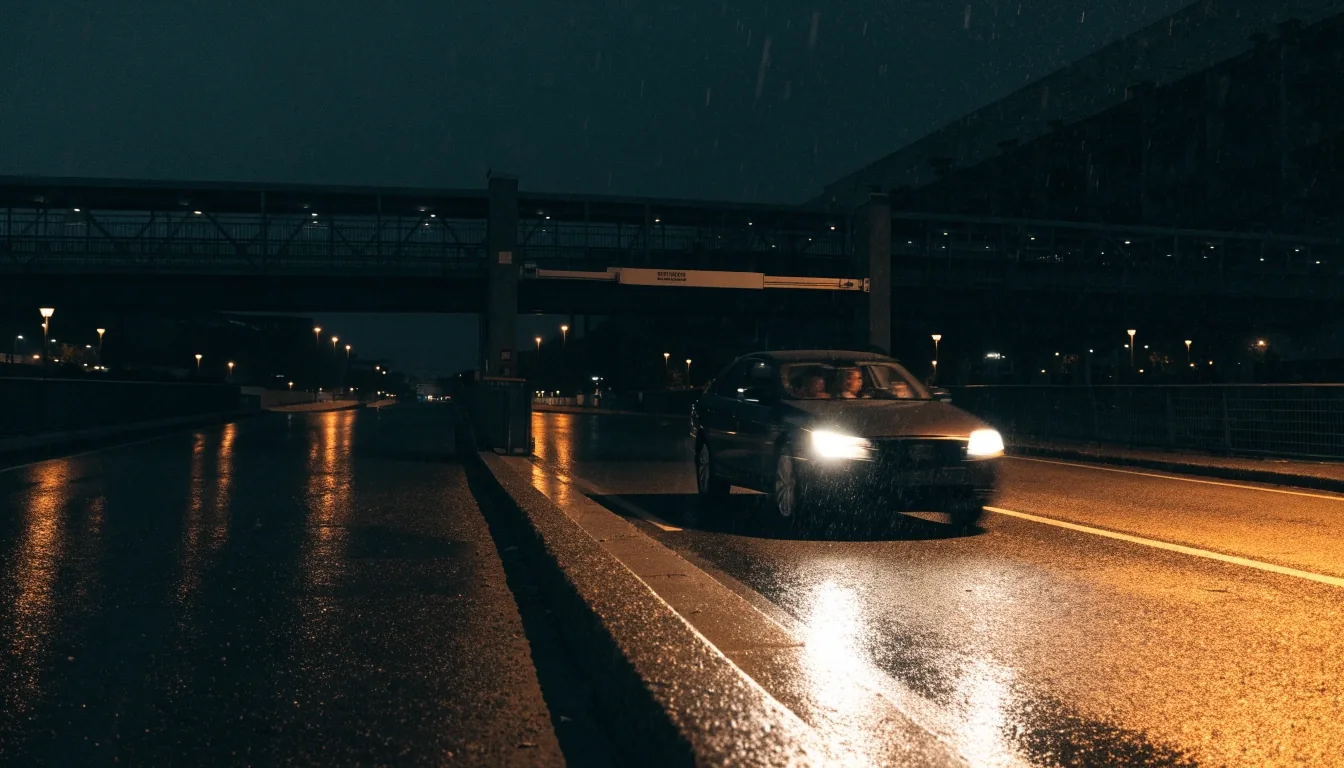A wet Melbourne Airport car park approach lane at night with a covered link bridge and a car entering under the boom