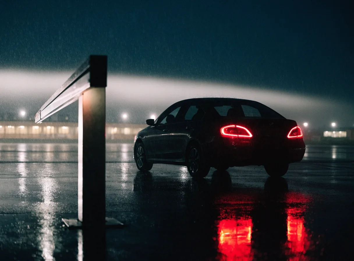 A car waiting at a wet Melbourne Airport car park exit with a raised boom arm at night