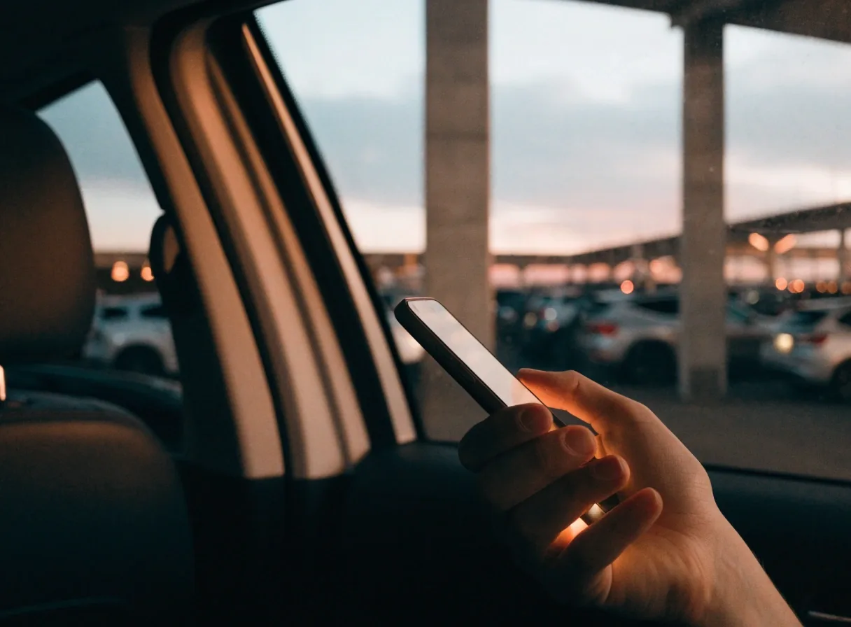 A hand holding a glowing phone inside a car at a Melbourne Airport car park at dusk