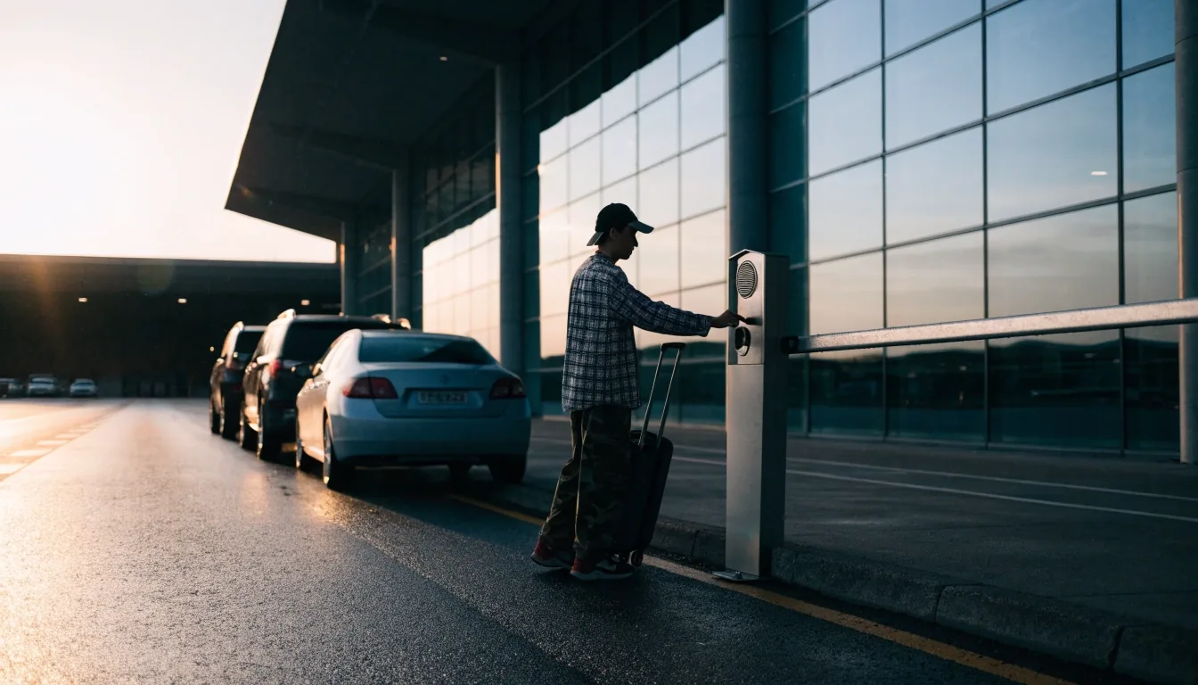 An empty wet shuttle stop kerb at Melbourne Airport at first light
