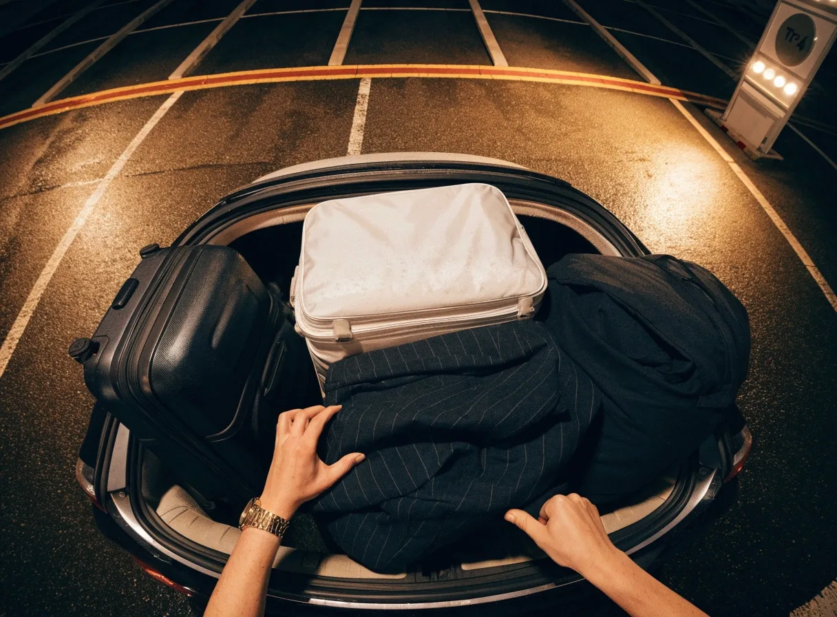Packed luggage in an open car boot at a wet Melbourne Airport car park at night