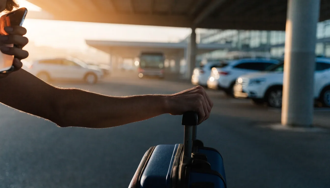A traveller checking the site on a phone at the Melbourne Airport shuttle kerb before dawn
