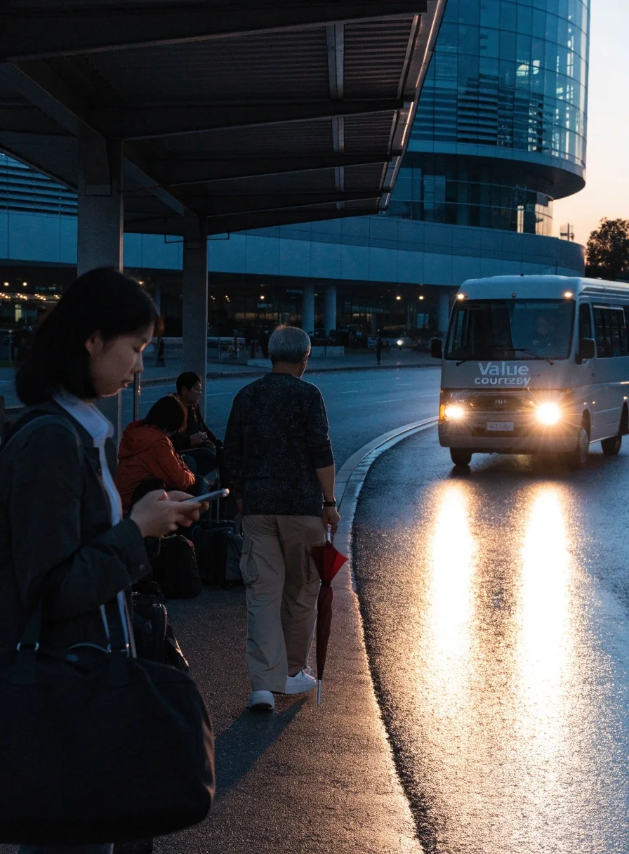 A courtesy shuttle stopped at a kerbside bay at Melbourne Airport on a wet evening, interior lights on
