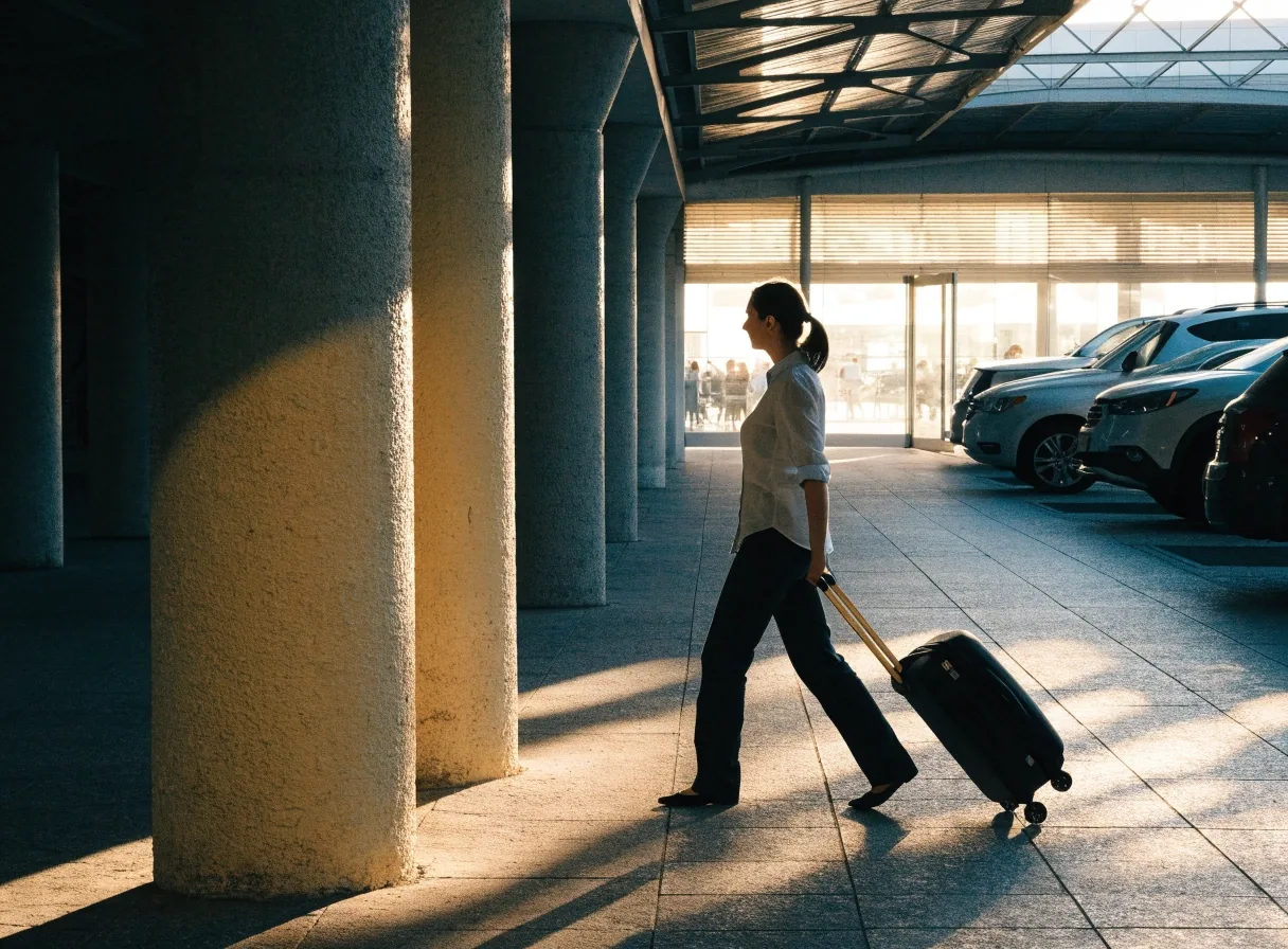 A traveller walking a luggage trolley along the covered link bridge toward the Melbourne Airport terminal at dusk
