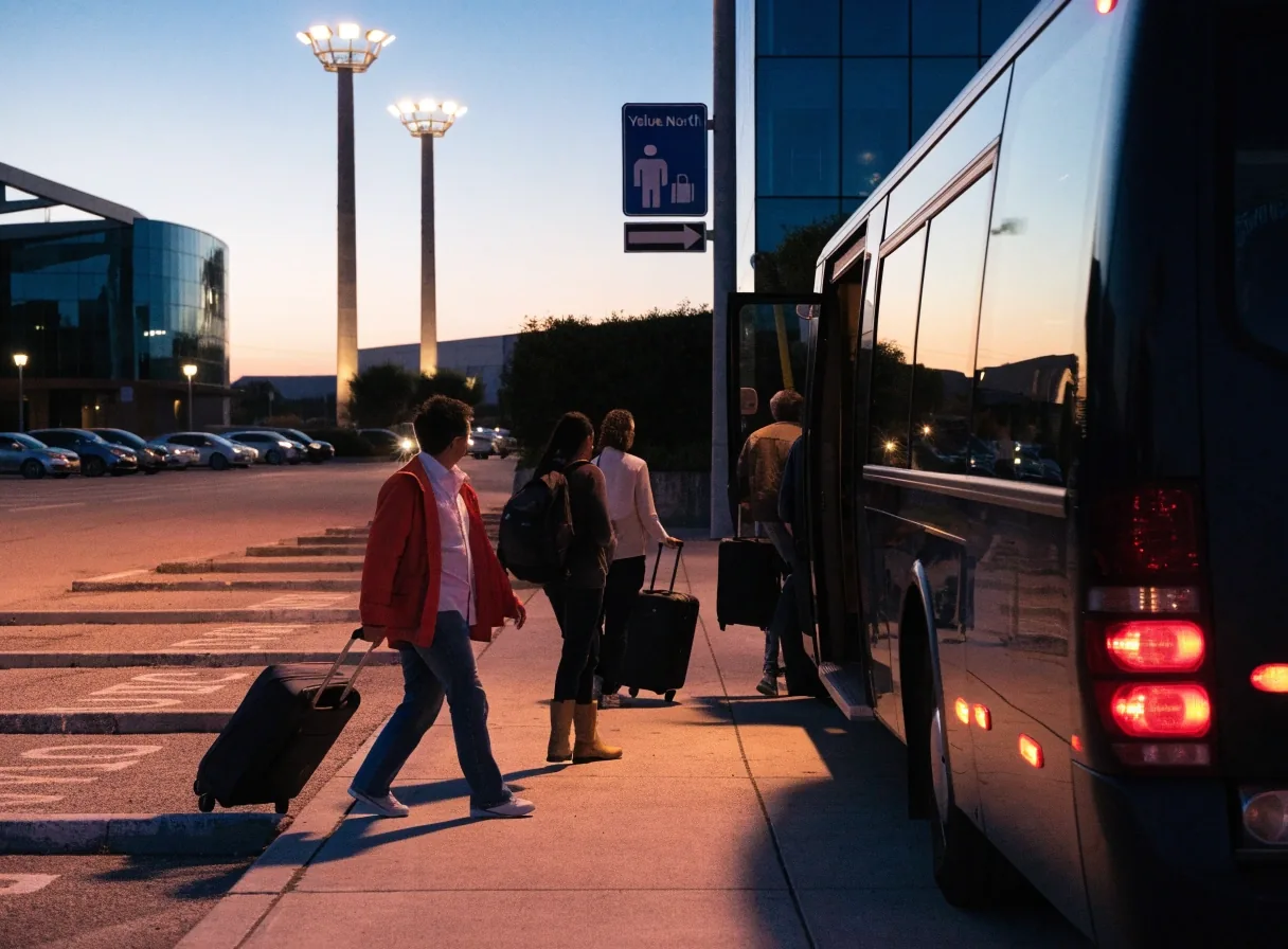 Rows of parking bays at a Melbourne Airport value car park at dusk with a shuttle looping the perimeter lane