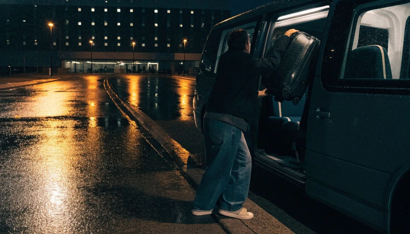 Wet shuttle kerb and car park lanes at Melbourne Airport on a rainy night, with a covered link bridge crossing overhead