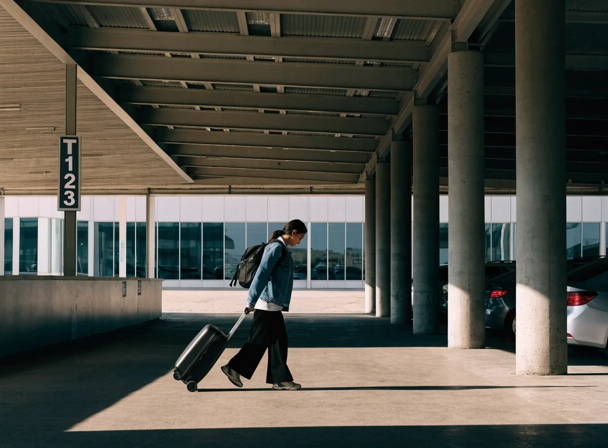 Traveller with a suitcase walking the covered link bridge from the T123 car park to the terminal