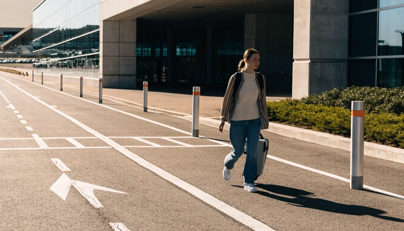 Traveller walking the short distance from the T4 car park to the Terminal 4 forecourt at dawn