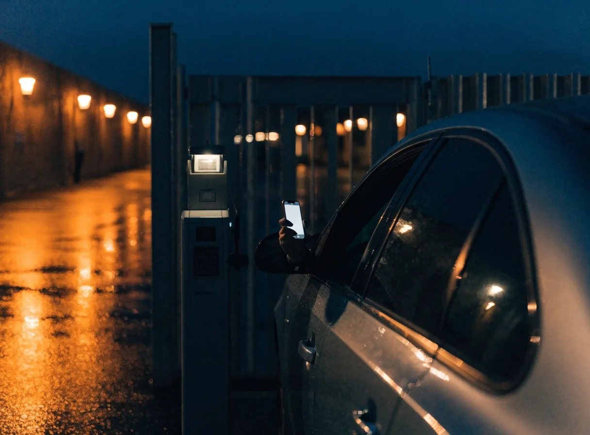 Wet car park entry barrier and scanner pedestal beside the entry lane at night