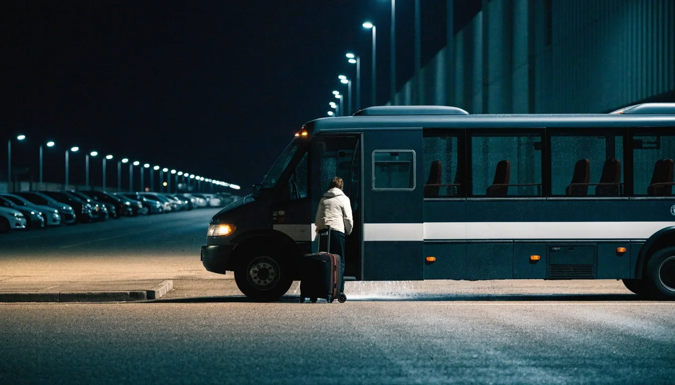 Courtesy shuttle bus approaching along the wet kerb of an open-air long-stay car park