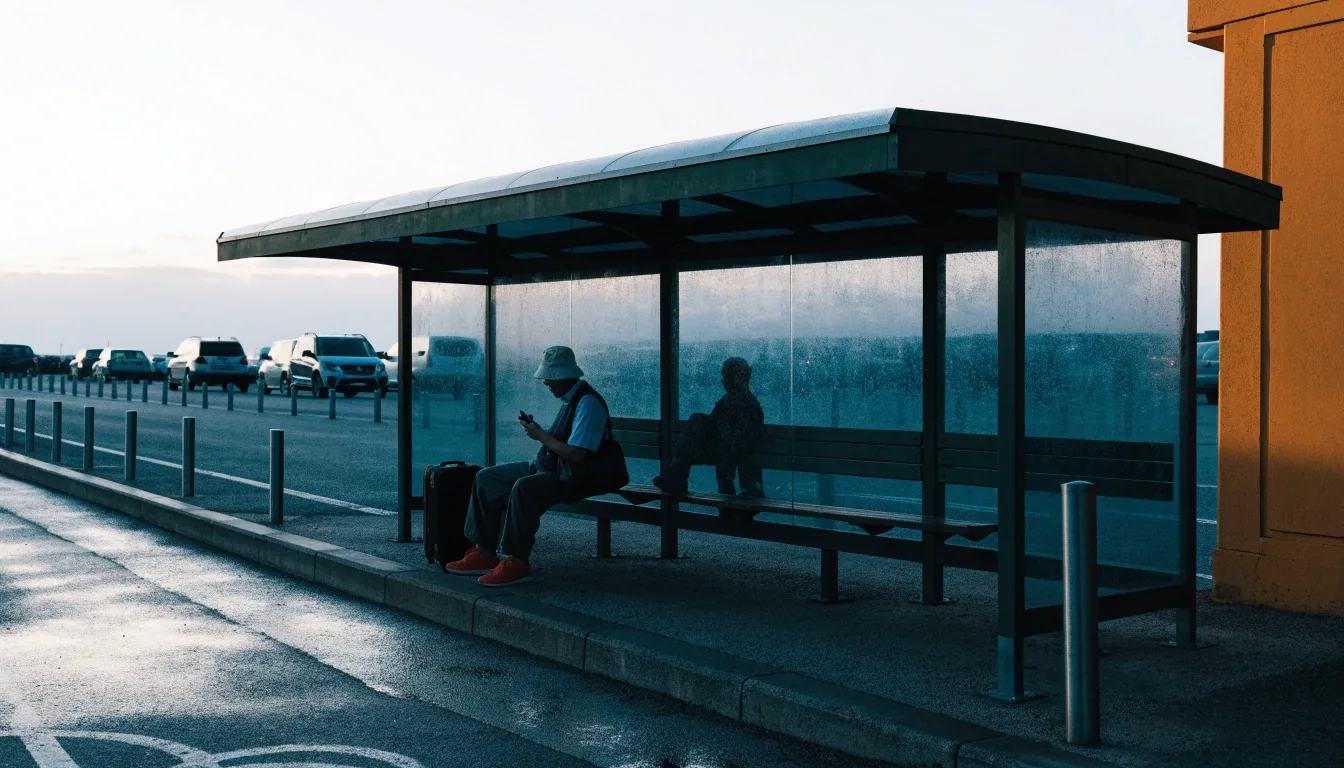 Covered shuttle stop beside the kerb in an open-air long-stay car park at dawn