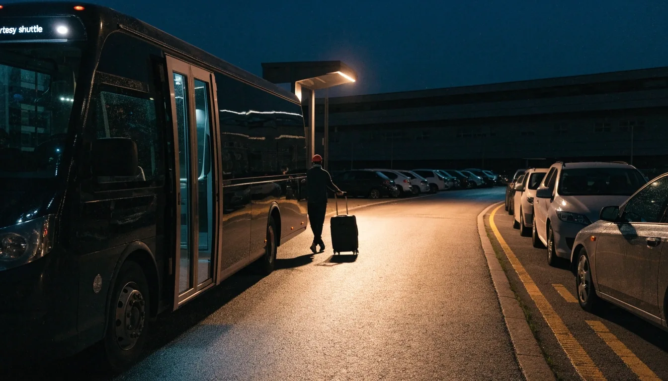 Traveller with luggage waiting at a kerbside shuttle shelter in the long-stay lot at night